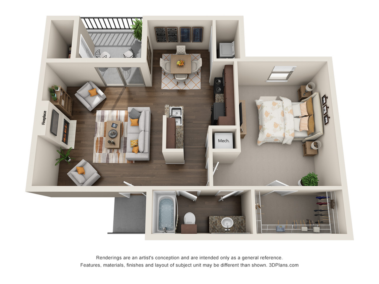 Modern 3D floor plan showcasing a spacious one-bedroom apartment with an open living area, stylish kitchen, cozy fireplace, and private balcony.