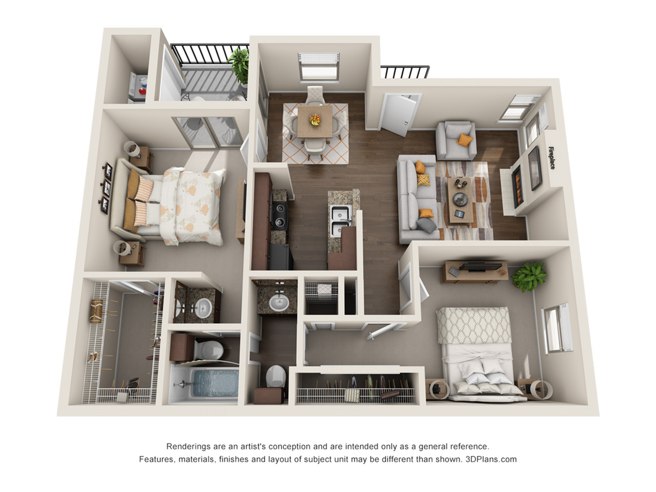 Inviting 3D floor plan featuring 2 bedrooms, open living area with fireplace, modern kitchen, and two bathrooms for ultimate comfort.