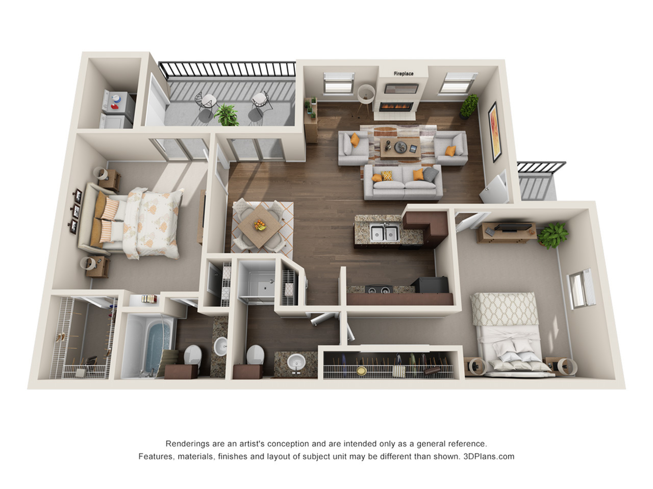 Contemporary 3D floor plan featuring two elegant bedrooms, a cozy living room with a fireplace, modern kitchen, and private balcony.