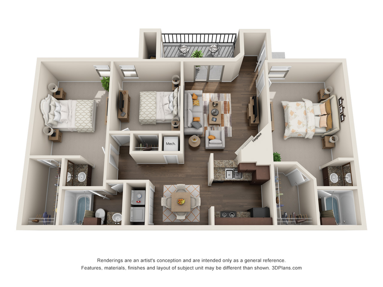 Modern 3D floor plan showcasing 2 bedrooms, 2 bathrooms, and a spacious living area with a balcony, perfect for stylish living.