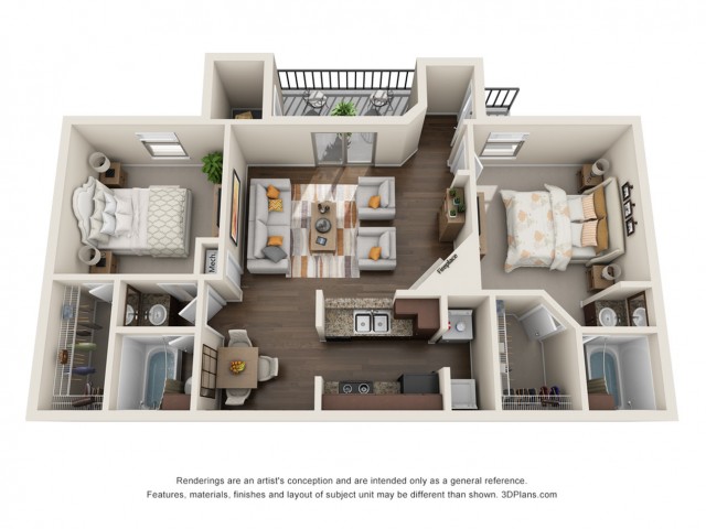Elegant 3D floor plan showcasing 2 bedrooms, a modern open-concept living and dining area, and a stylish kitchen with balcony access.