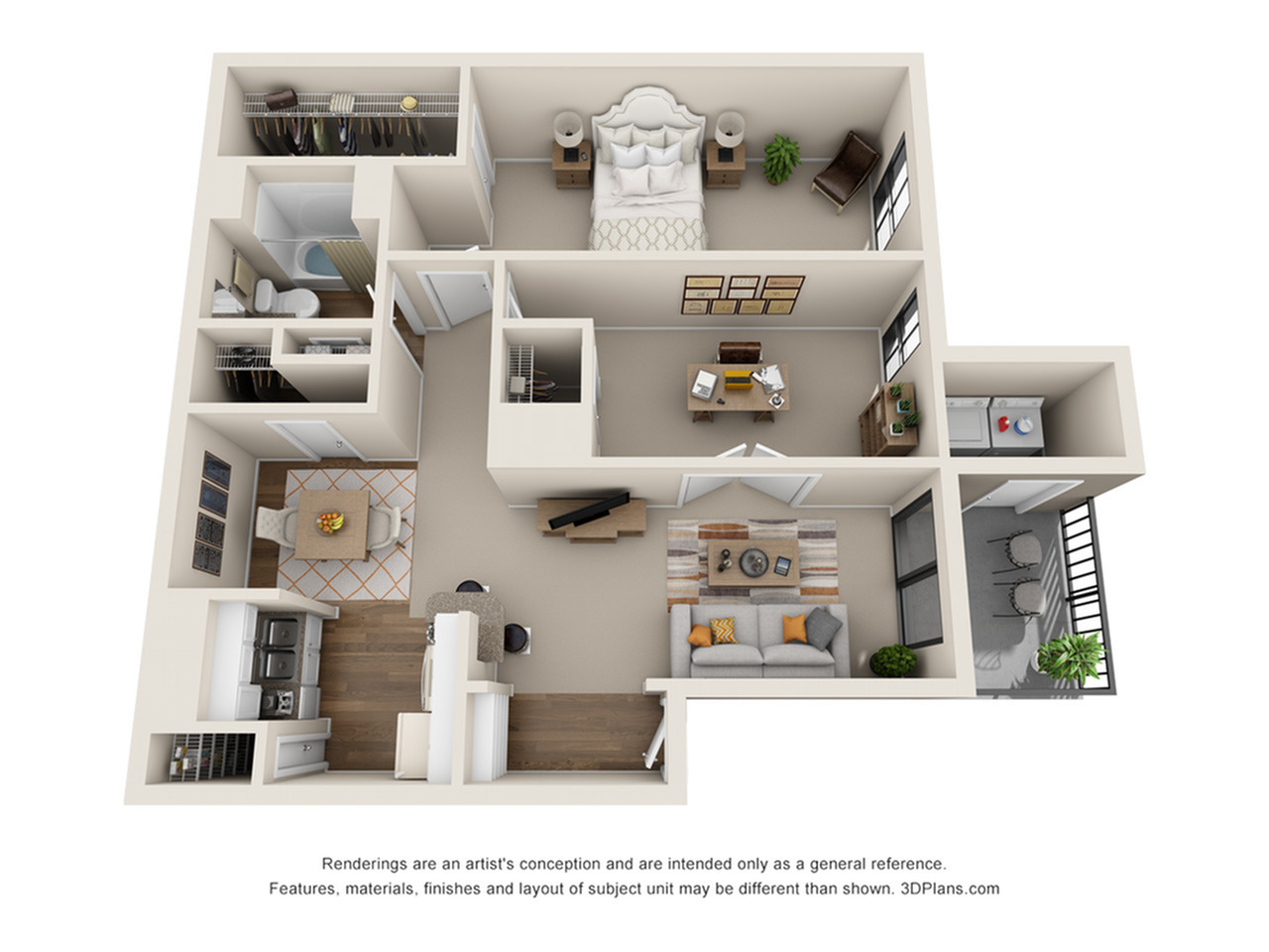 Modern 3D floor plan showcasing a stylish one-bedroom apartment with a cozy living room, spacious kitchen, home office, and private balcony.