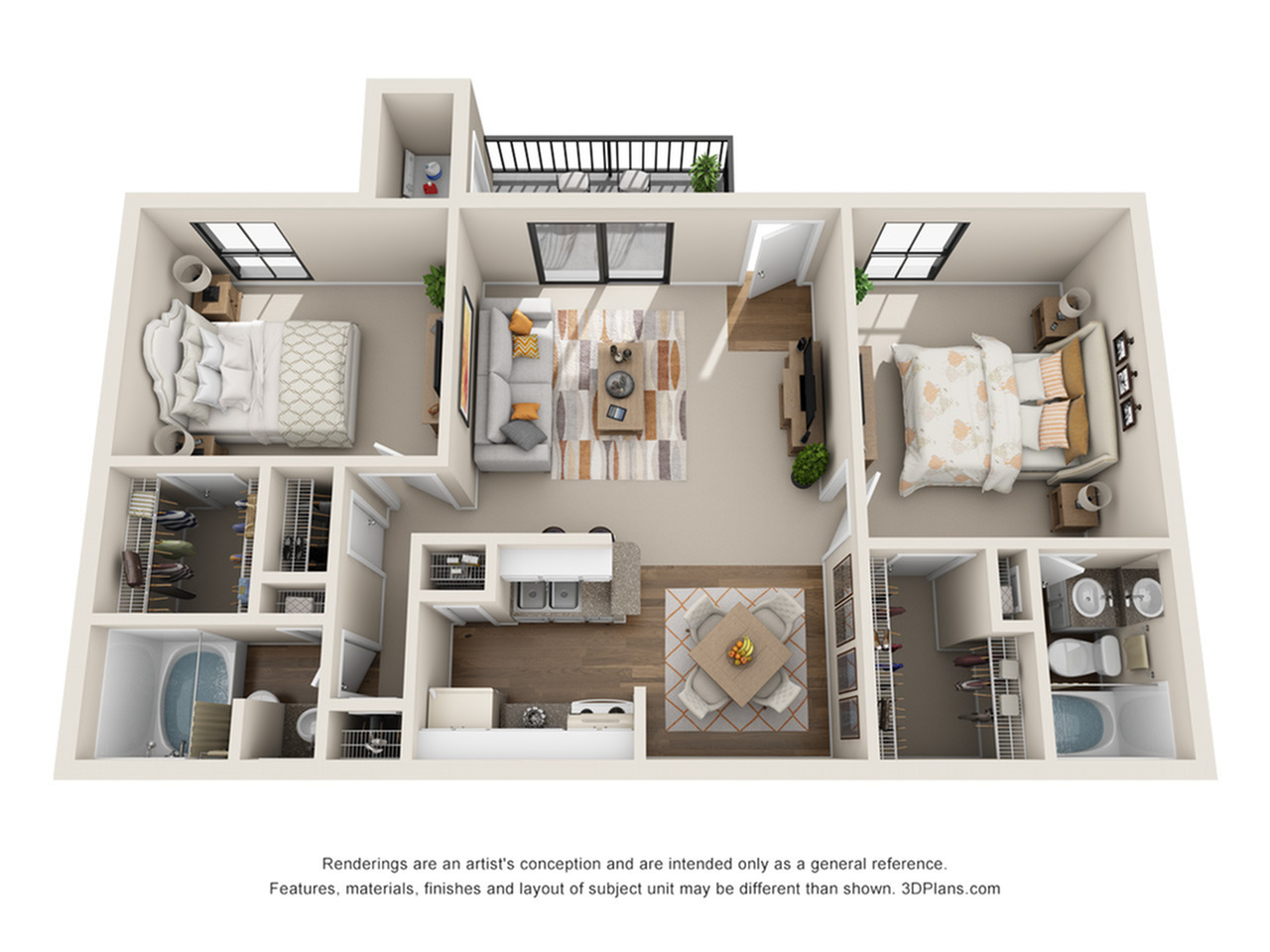 Charming 3D floor plan showcasing two cozy bedrooms, a modern kitchen, inviting living area, and stylish bathrooms.