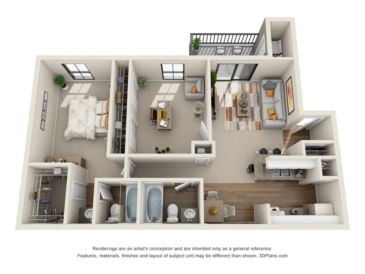 Bright and modern 3D floor plan featuring 2 bedrooms, 2 bathrooms, an inviting open living area, and a sleek kitchen with an island, perfect for entertaining.