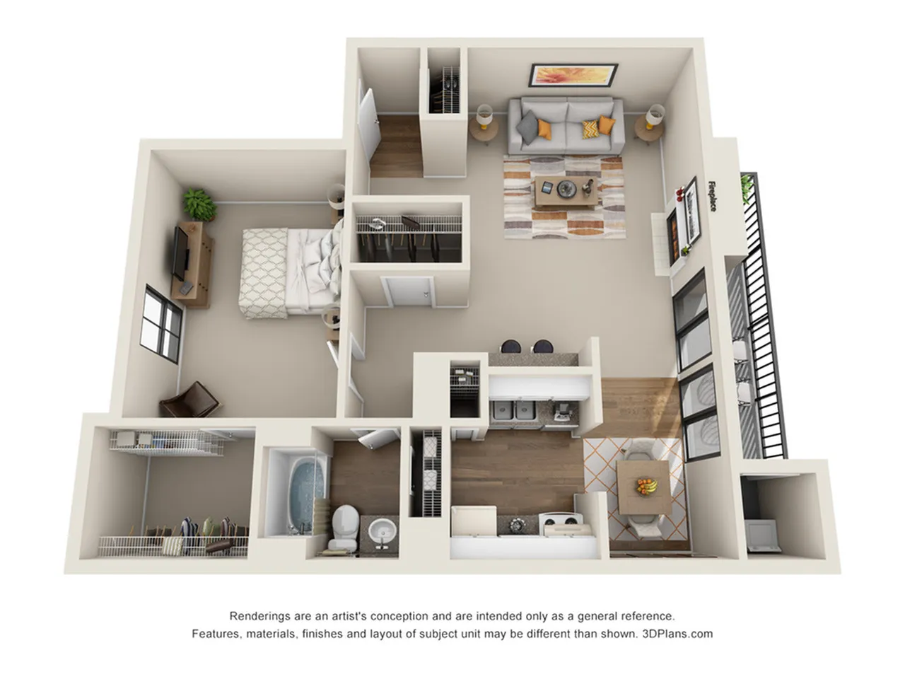 Modern 3D floor plan showcasing a cozy one-bedroom apartment with an inviting living area, fully-equipped kitchen, and spacious dining space.