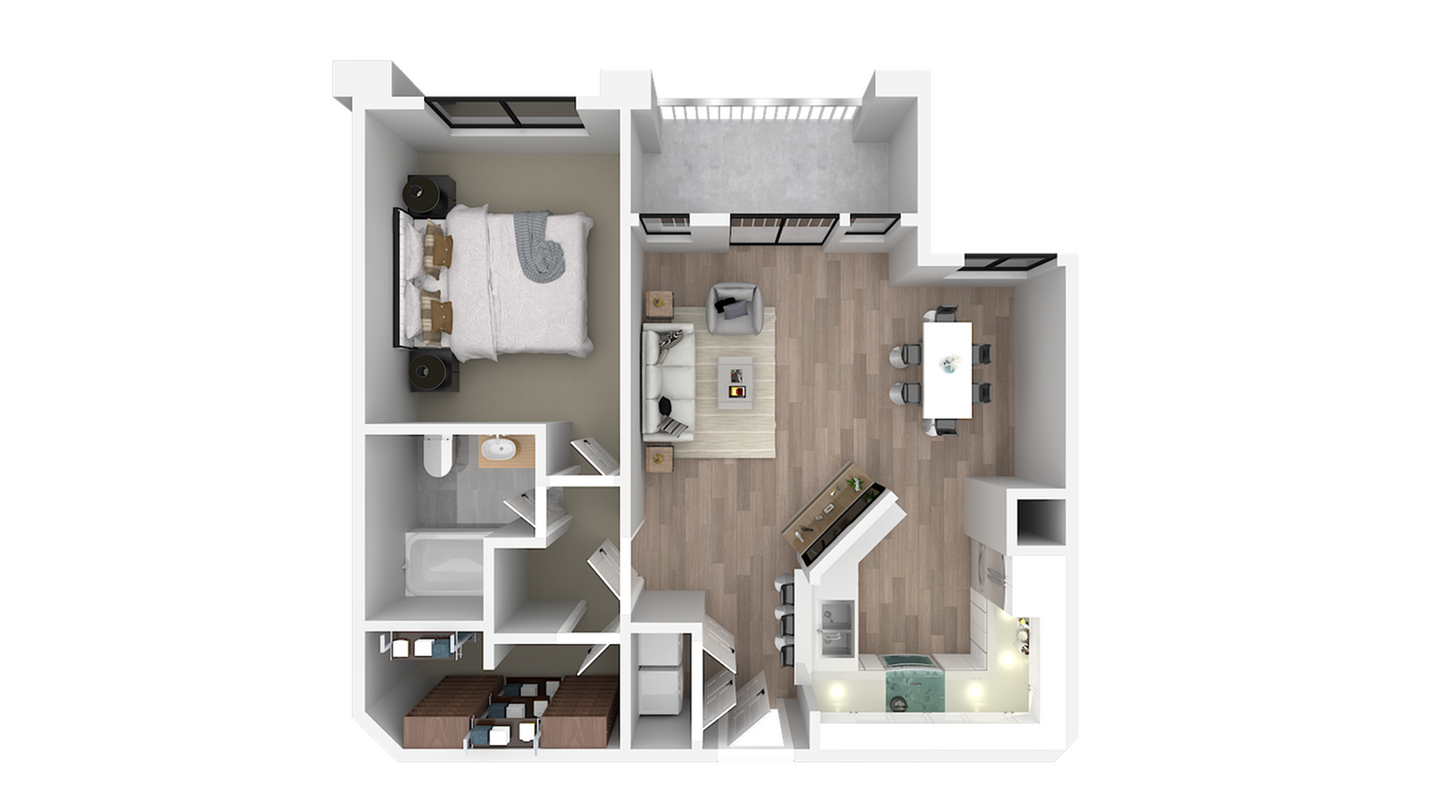 Modern 3D floor plan showcasing a cozy bedroom, stylish open-concept living and dining area, and sleek kitchen with contemporary design features.