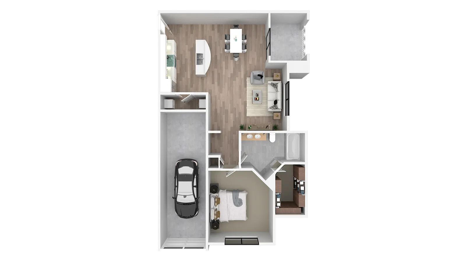 Modern apartment floor plan showcasing one bedroom, spacious living area, contemporary kitchen, and a garage. Ideal blend of comfort and style.