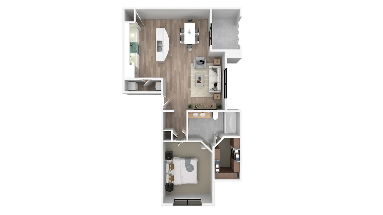 Modern 3D floor plan showcasing a cozy one-bedroom layout with an open-concept living and dining area, elegant kitchen, and sleek bathroom.