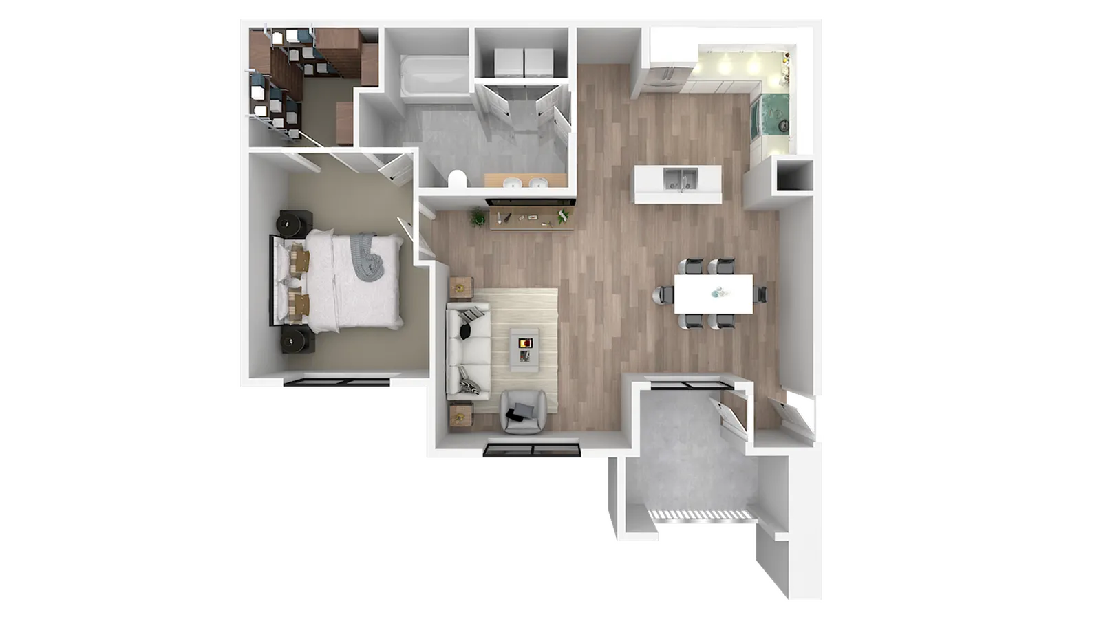 Modern 3D floor plan showcasing a cozy bedroom, elegant walk-in closet, contemporary bathroom, open-concept living space, and sleek kitchen with dining area.