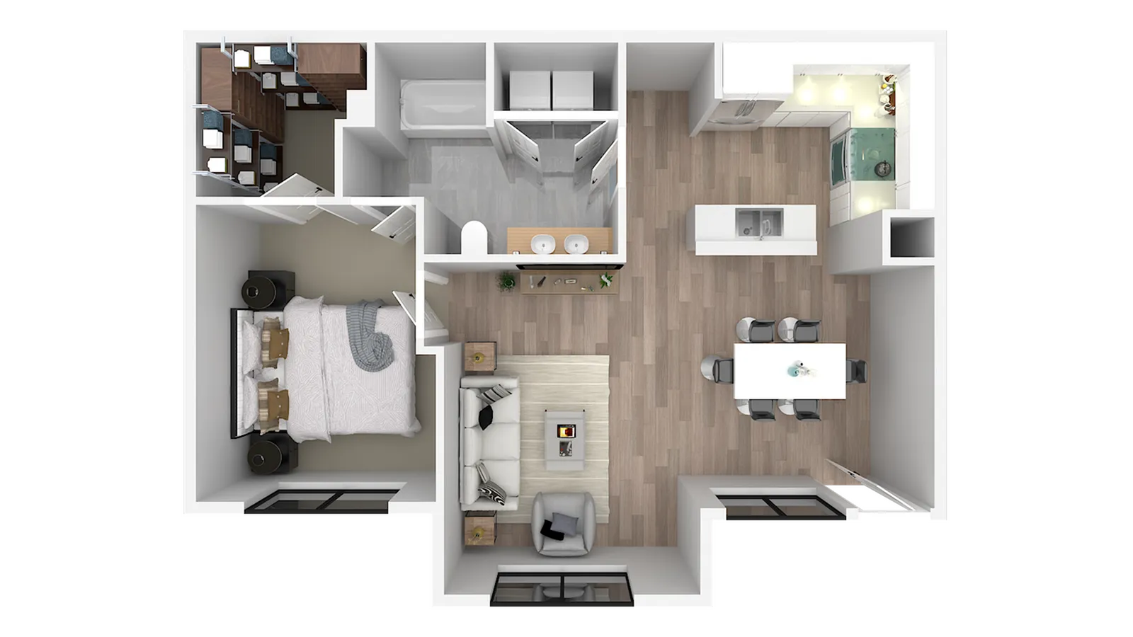 Modern 2D floor plan showcasing a cozy 1-bedroom apartment with spacious open-concept kitchen and living area, ample closet space, and elegant bathroom.