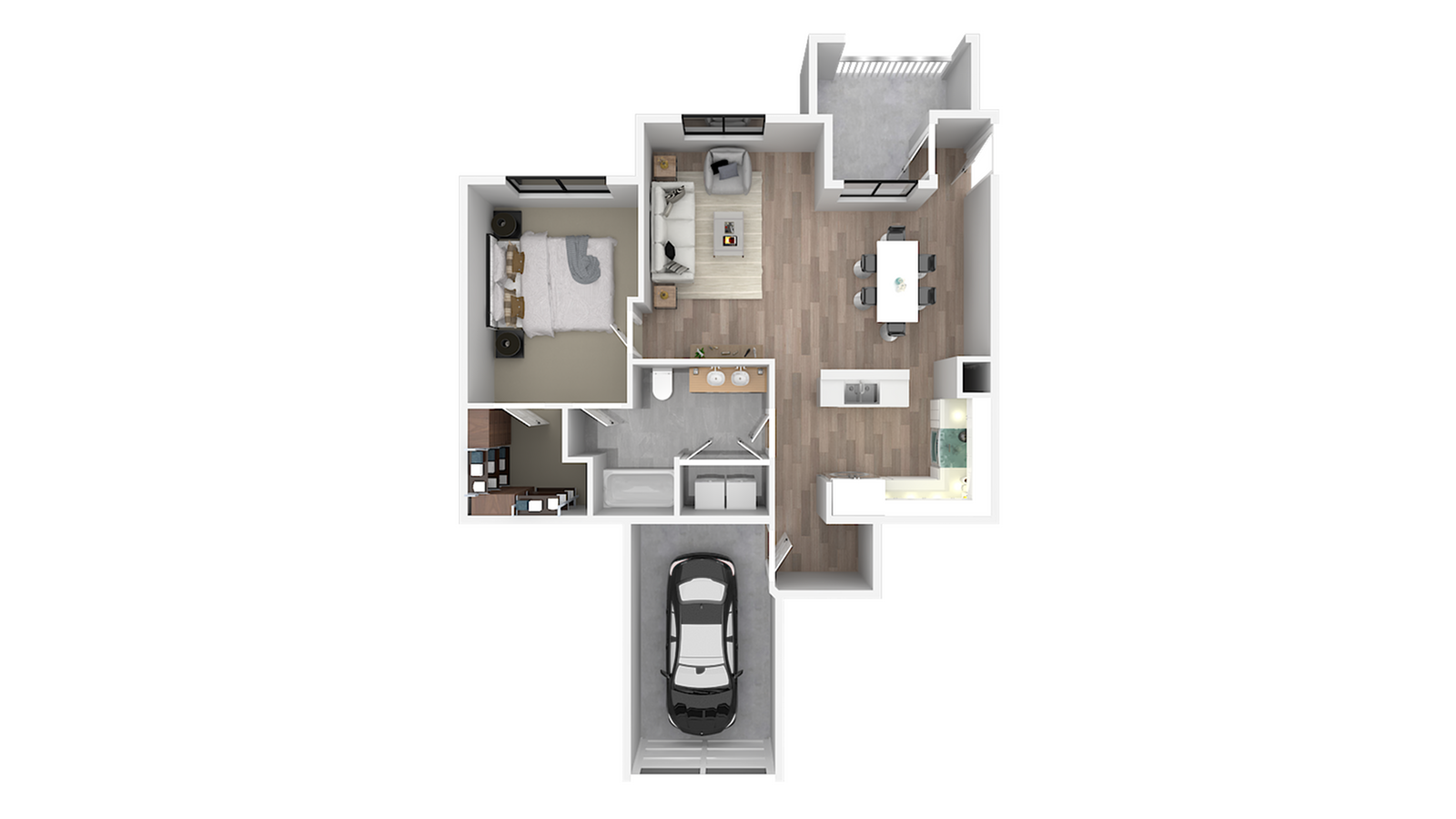 Contemporary 3D floor plan showcasing a spacious one-bedroom layout with an inviting open-concept living area, modern kitchen, elegant bathroom, and convenient attached garage.