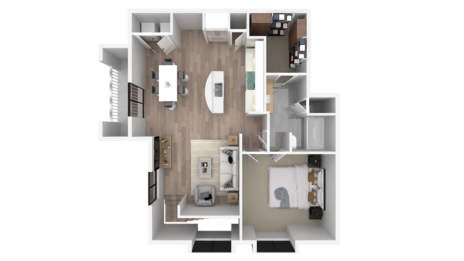 Modern 2D floor plan showcasing 1 bedroom, open living area, stylish kitchen, and elegant bathroom layout.