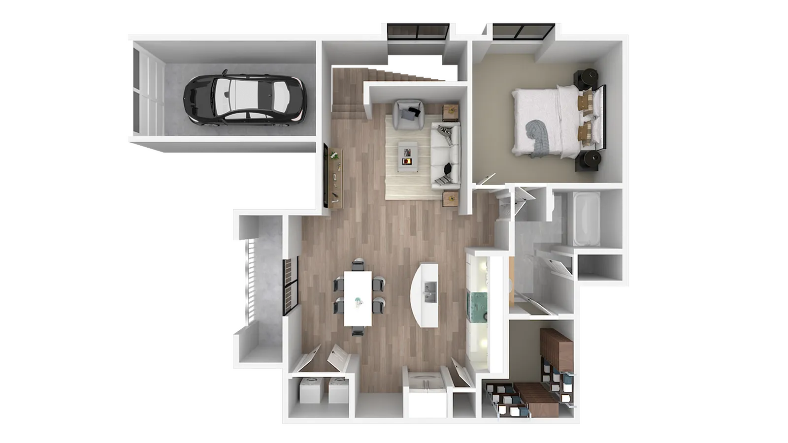 Modern floor plan showcasing 1 bedroom, open-concept living room and kitchen, and convenient garage space.