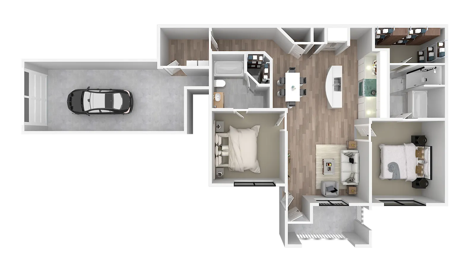 Modern 2D floor plan showcasing 2 bedrooms, cozy living room, sleek kitchen with island, and attached garage.