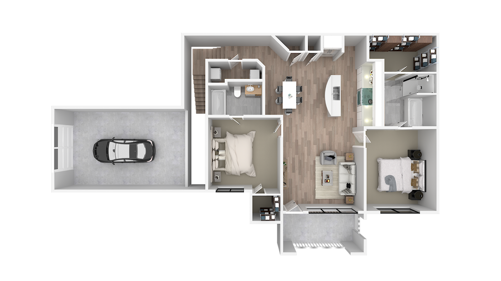 Contemporary floor plan showcasing 2 cozy bedrooms, open living and dining area, modern kitchen, spacious bathroom, and attached garage.