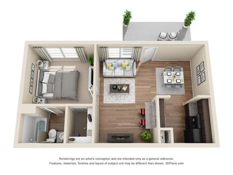 Modern 3D floor plan showcasing 1 bedroom, inviting living area, sleek kitchen, and private patio access.