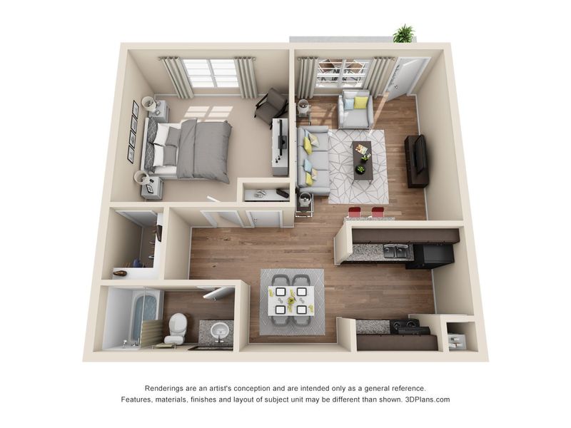 Chic 1-bedroom apartment floor plan with inviting living area, modern kitchen, and elegant bathroom.