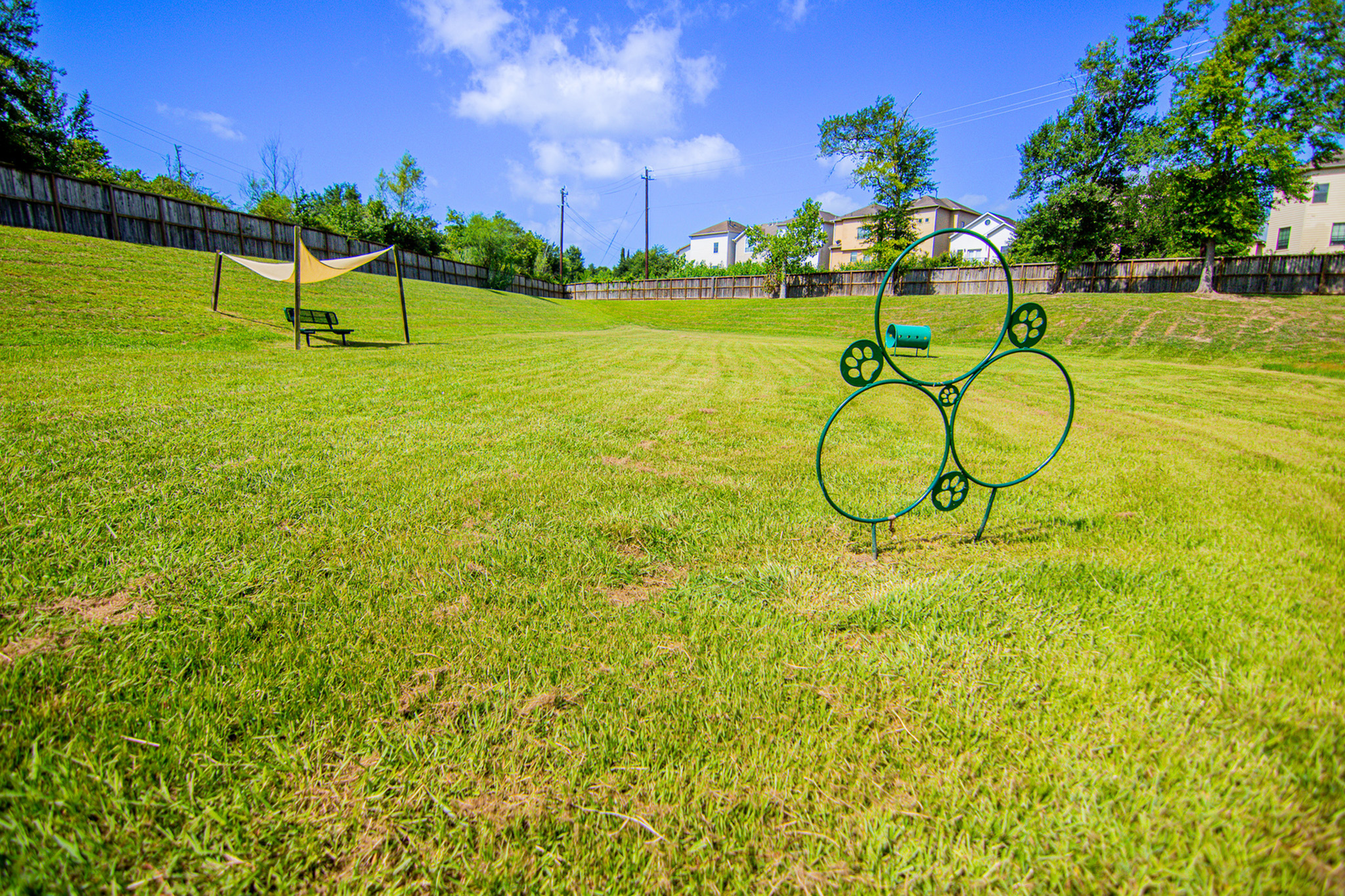 Expansive grassy area with a dog agility course and sheltered seating, perfect for outdoor activities and relaxation.