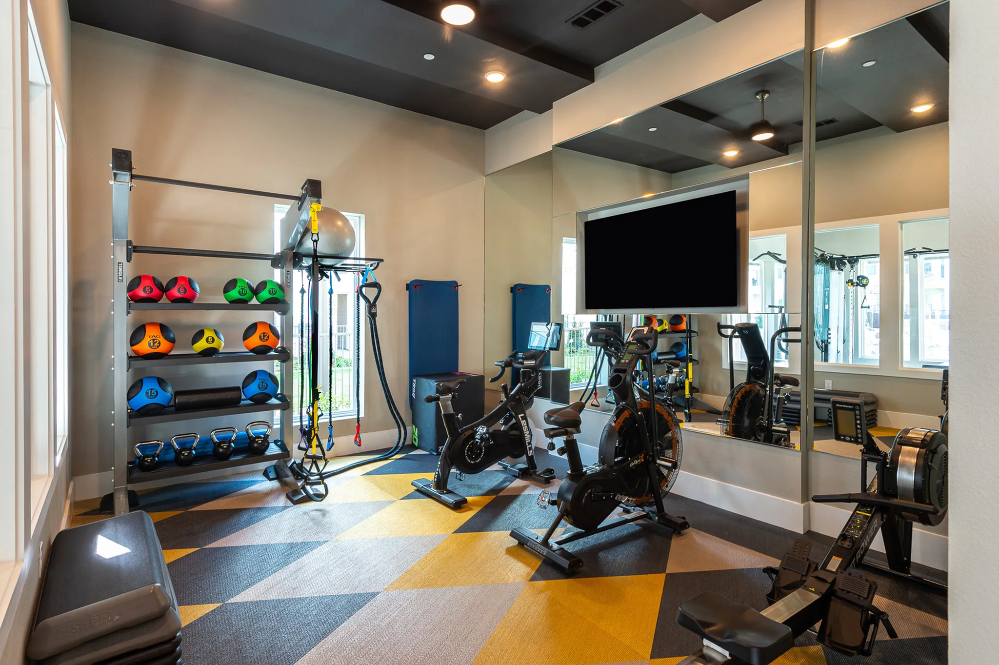 Modern fitness room equipped with colorful medicine balls, kettlebells, and state-of-the-art exercise bikes, complemented by large mirrors and natural lighting.