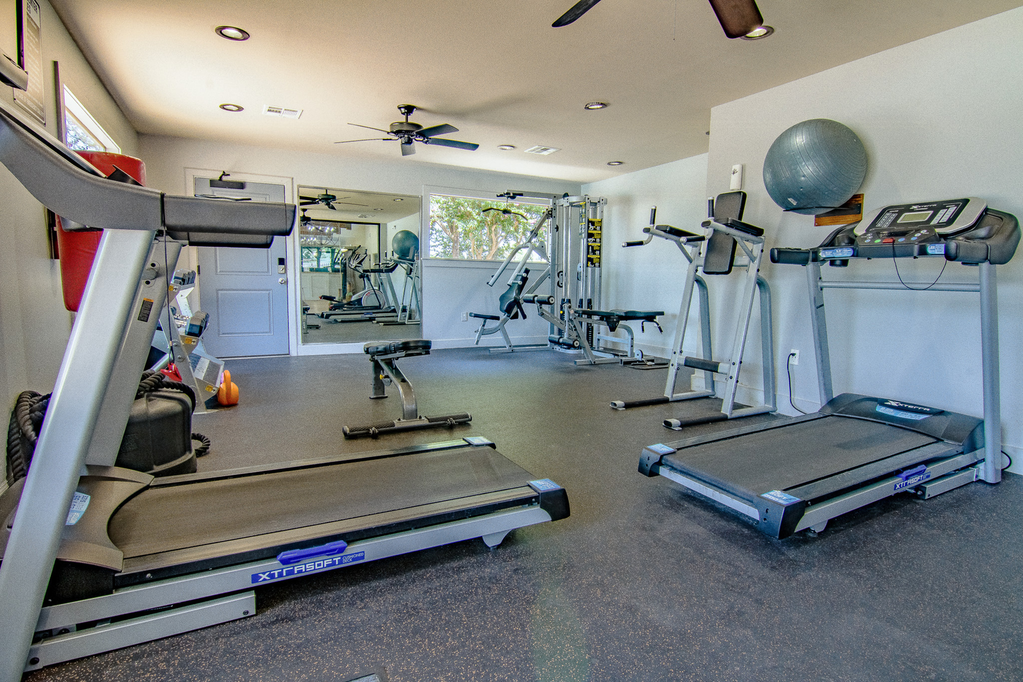 Modern fitness center featuring treadmills, weight machines, and ample natural light for an invigorating workout experience.