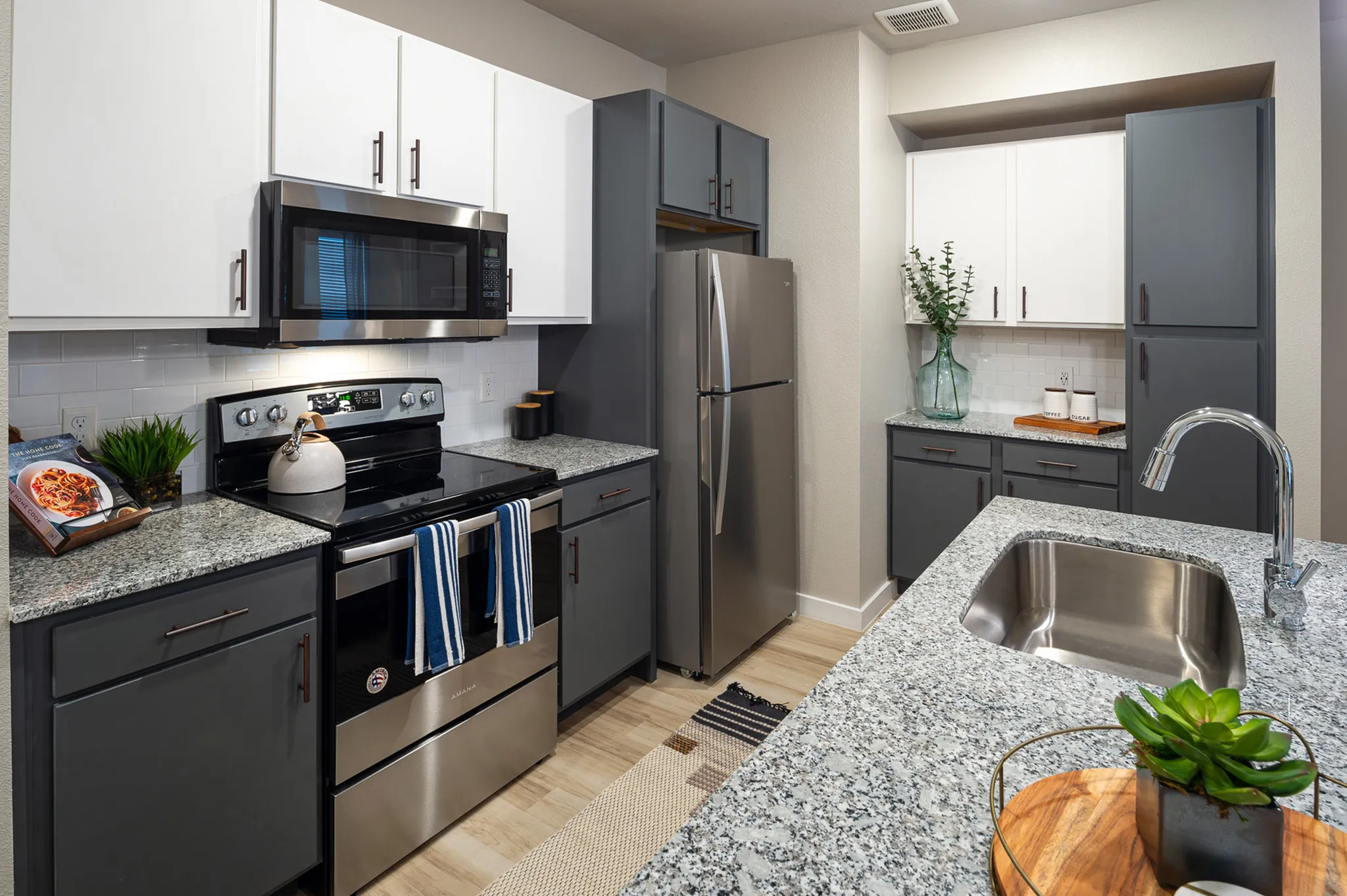 Modern kitchen with sleek granite countertops, stainless steel appliances, and stylish cabinetry for a contemporary feel.
