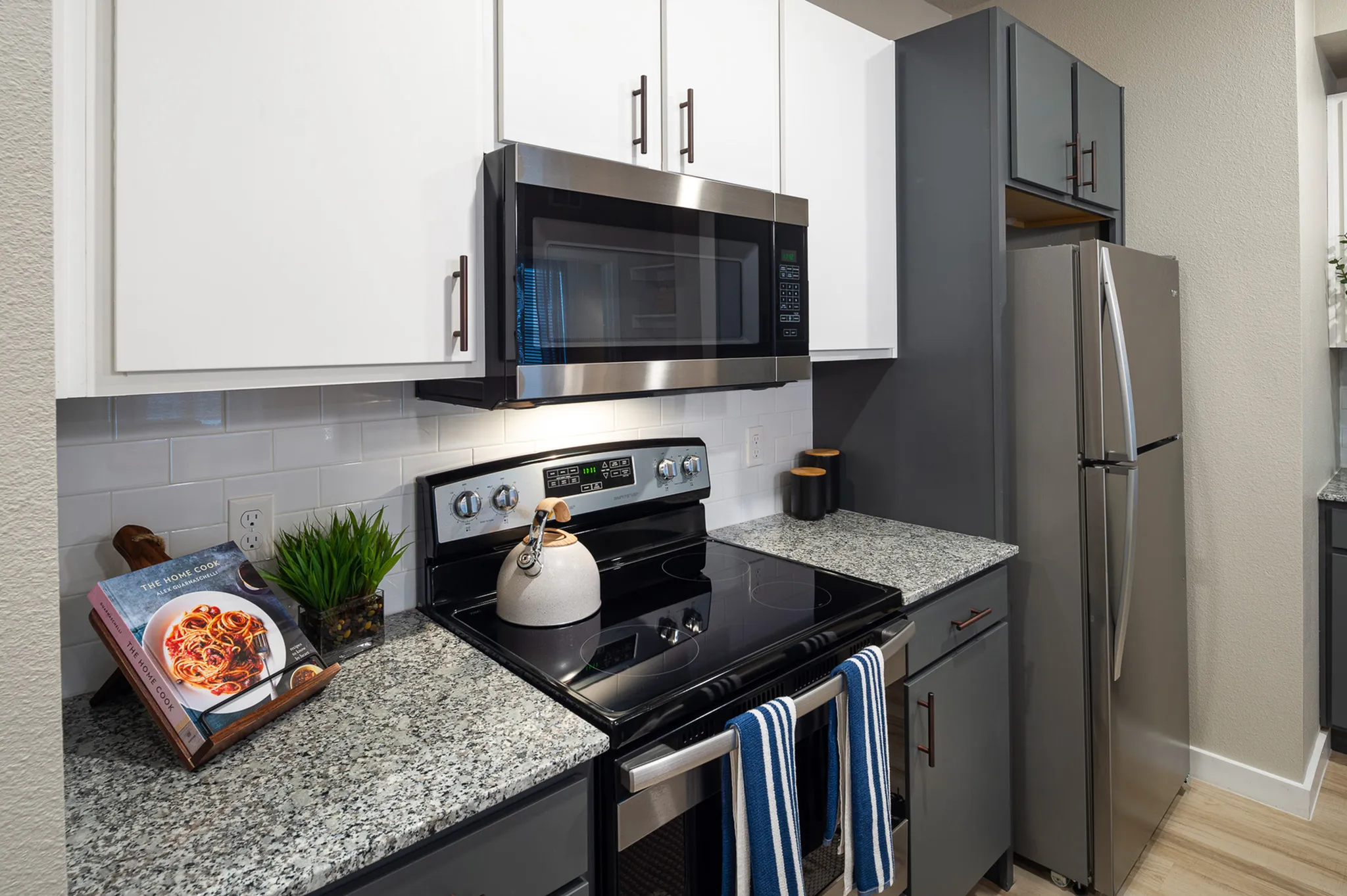Contemporary kitchen with sleek stainless steel appliances, granite countertops, and chic white cabinets, enhanced by stylish decor.
