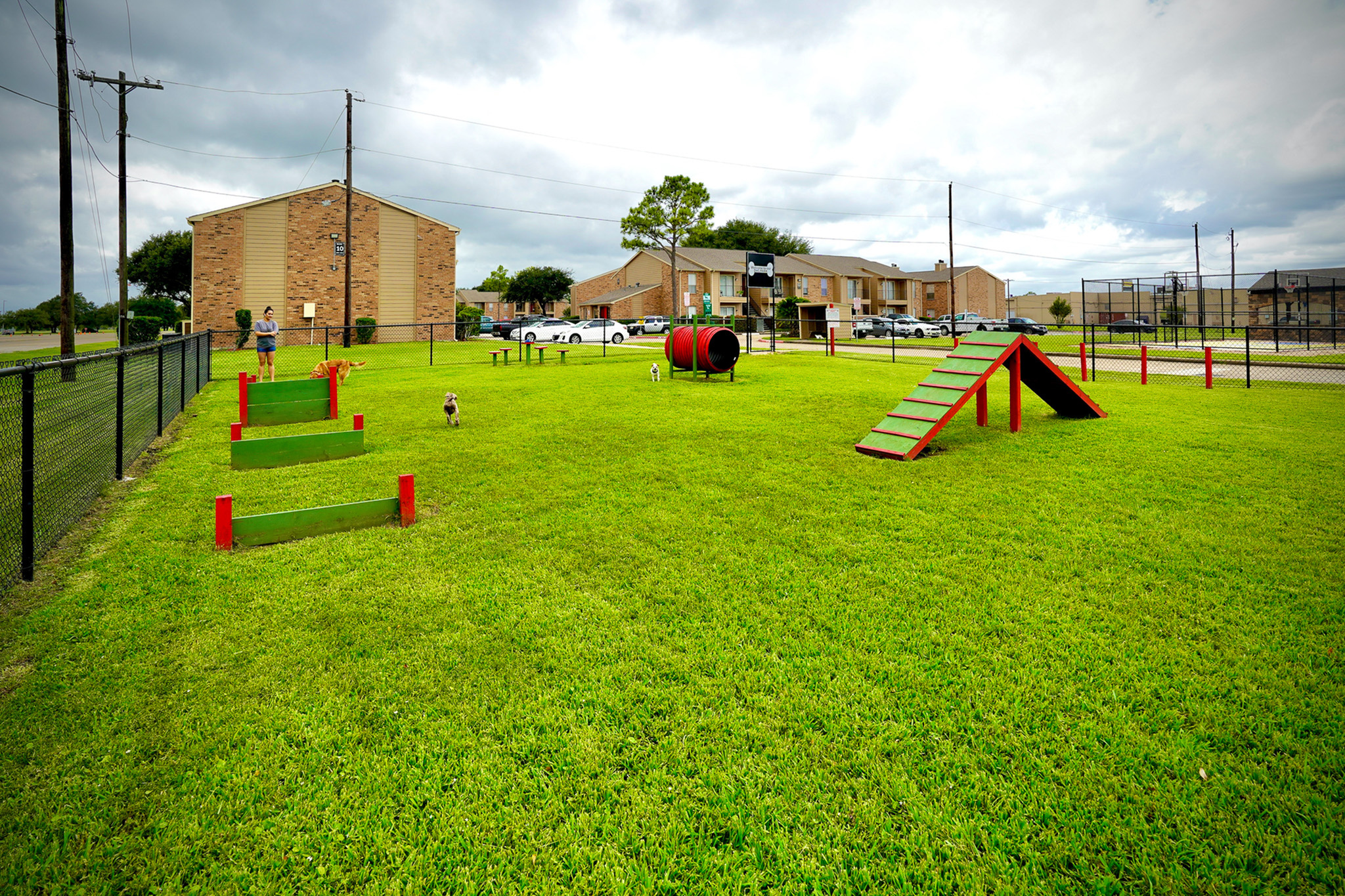 Inviting apartment complex featuring a spacious dog park with agility equipment, perfect for active pet-friendly living.