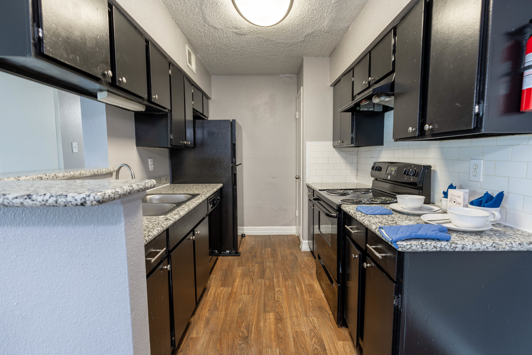 Modern kitchen with sleek black cabinets, granite countertops, and hardwood flooring, offering a stylish culinary space.