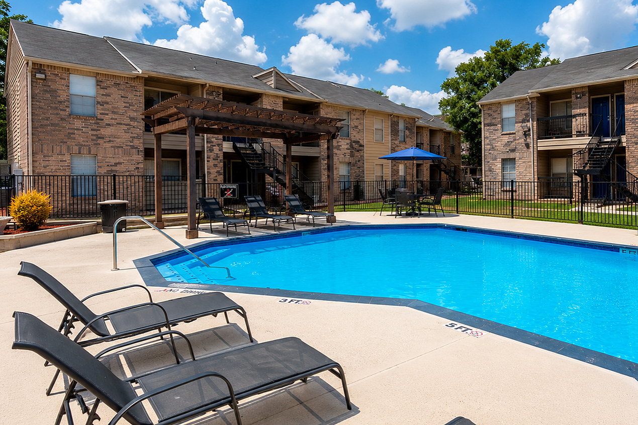 Inviting apartment complex with sparkling outdoor pool, sun loungers, and well-manicured landscaping under a bright blue sky.