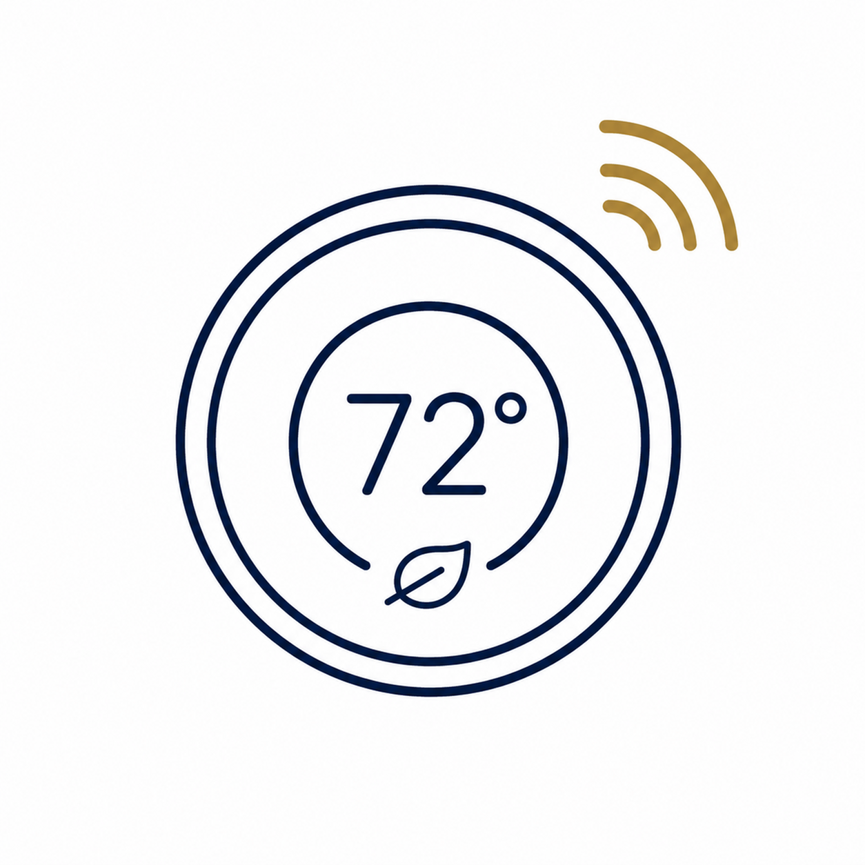 Sleek smart thermostat interface displaying 72 degrees with energy-efficient leaf symbol and wireless connectivity icon.