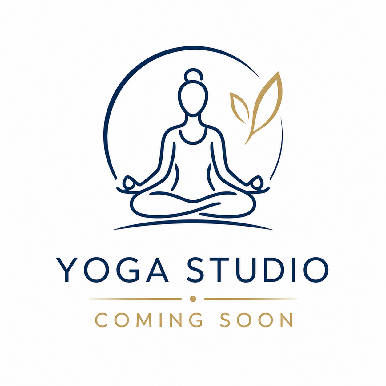 Elegant yoga studio logo featuring a simplistic human figure in a meditative pose with a leaf accent, announcing a new coming soon location.