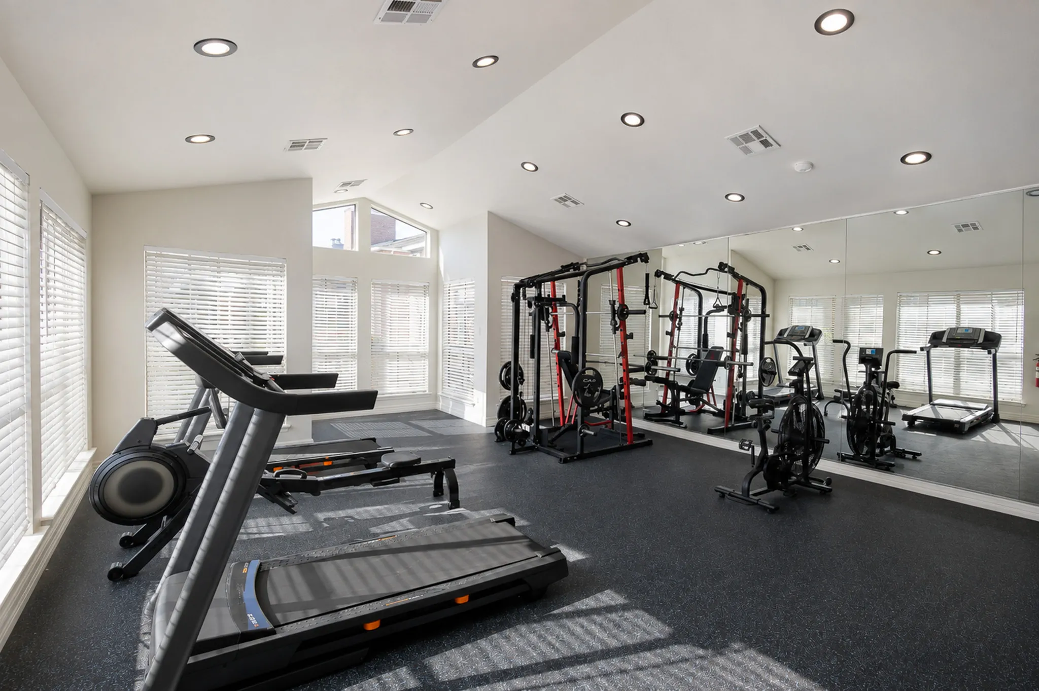 Modern fitness center with sleek treadmills, exercise bikes, and versatile strength training equipment, bathed in natural light.