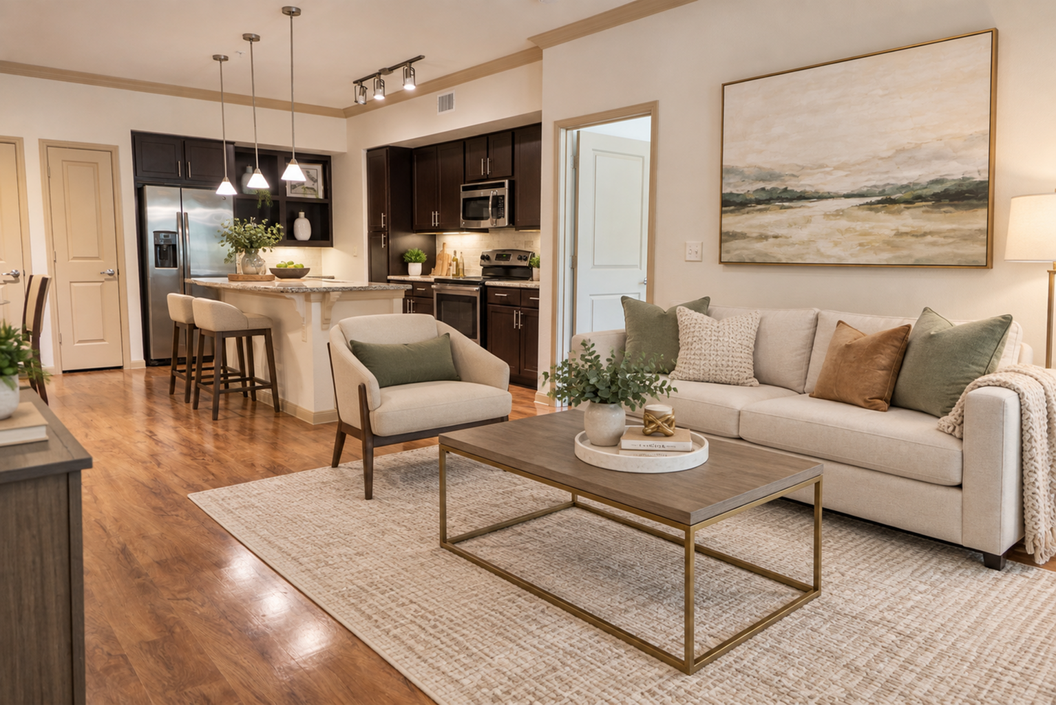 Elegant open-plan living area featuring a stylish kitchen with dark cabinets, cozy seating with plush cushions, and chic decor accents.