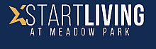 Modern logo showing 'Start Living at Meadow Park' in bold, elegant font against a deep blue background.