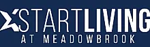 Vibrant 'Start Living at Meadowbrook' logo set against a rich blue background, inviting possibilities and new beginnings.