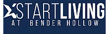 Start Living at Bender Hollow promotional graphic with bold, modern typography on a deep blue background.