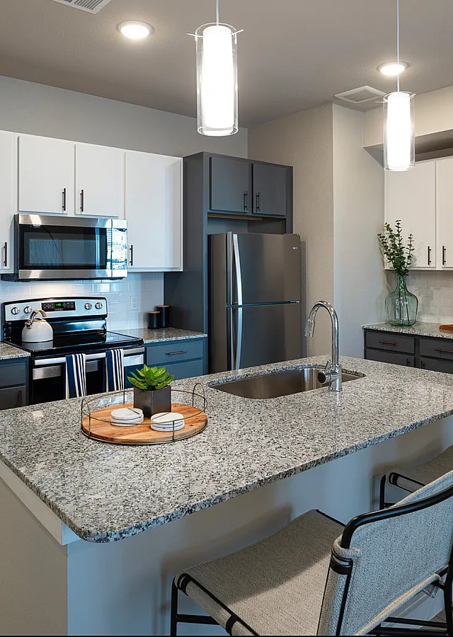 Chic kitchen with modern granite countertops, sleek stainless steel appliances, and elegant pendant lighting.