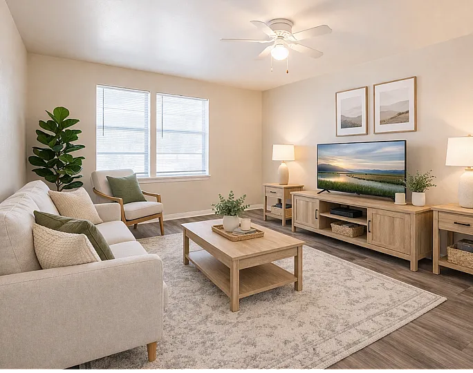 Bright and inviting living room featuring cozy sofas, a stylish coffee table, and modern entertainment unit, complemented by elegant decor and natural light.