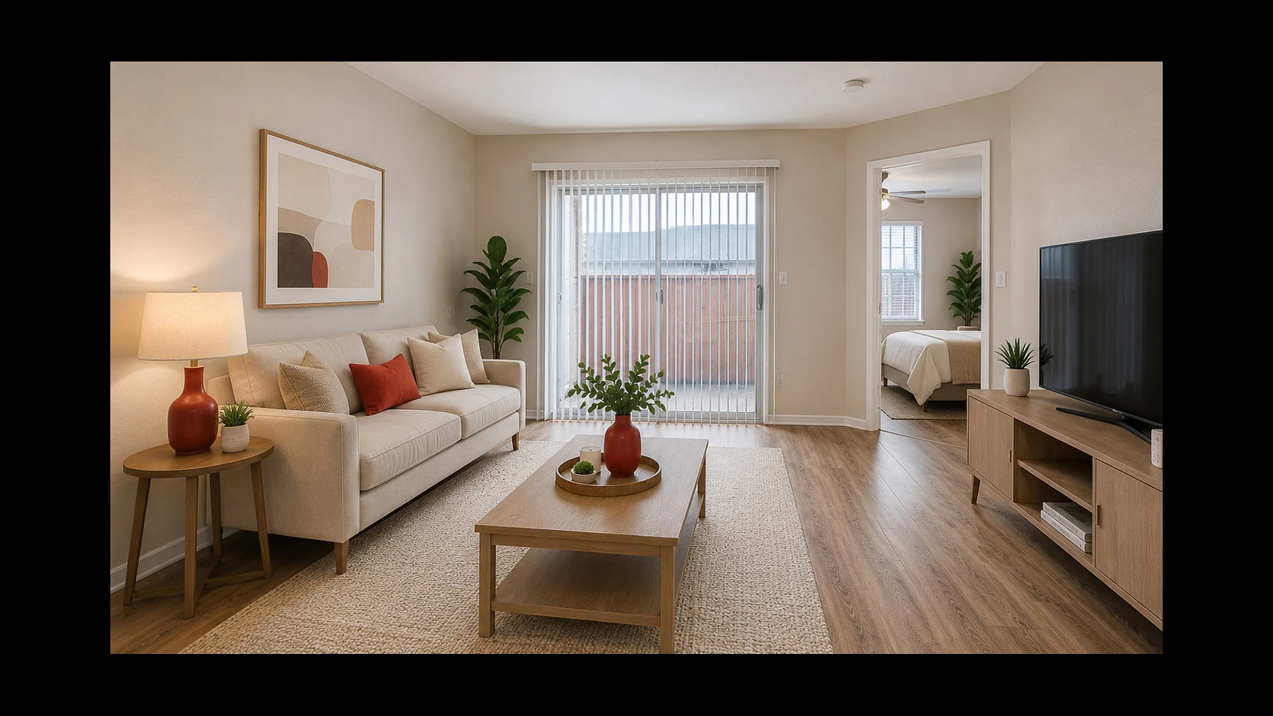 Inviting living room with cozy beige sofa, vibrant accent pillows, and modern wooden coffee table, opening into a serene bedroom with natural light streaming through large windows; perfect for relaxation and comfort.