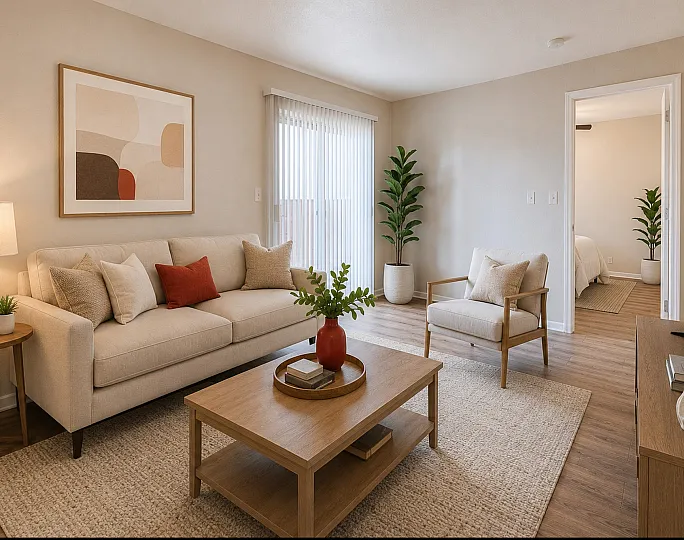 Elegant living room with cozy beige sofa, stylish armchair, and modern decor; features large window with natural light and doorway leading to a tranquil bedroom.