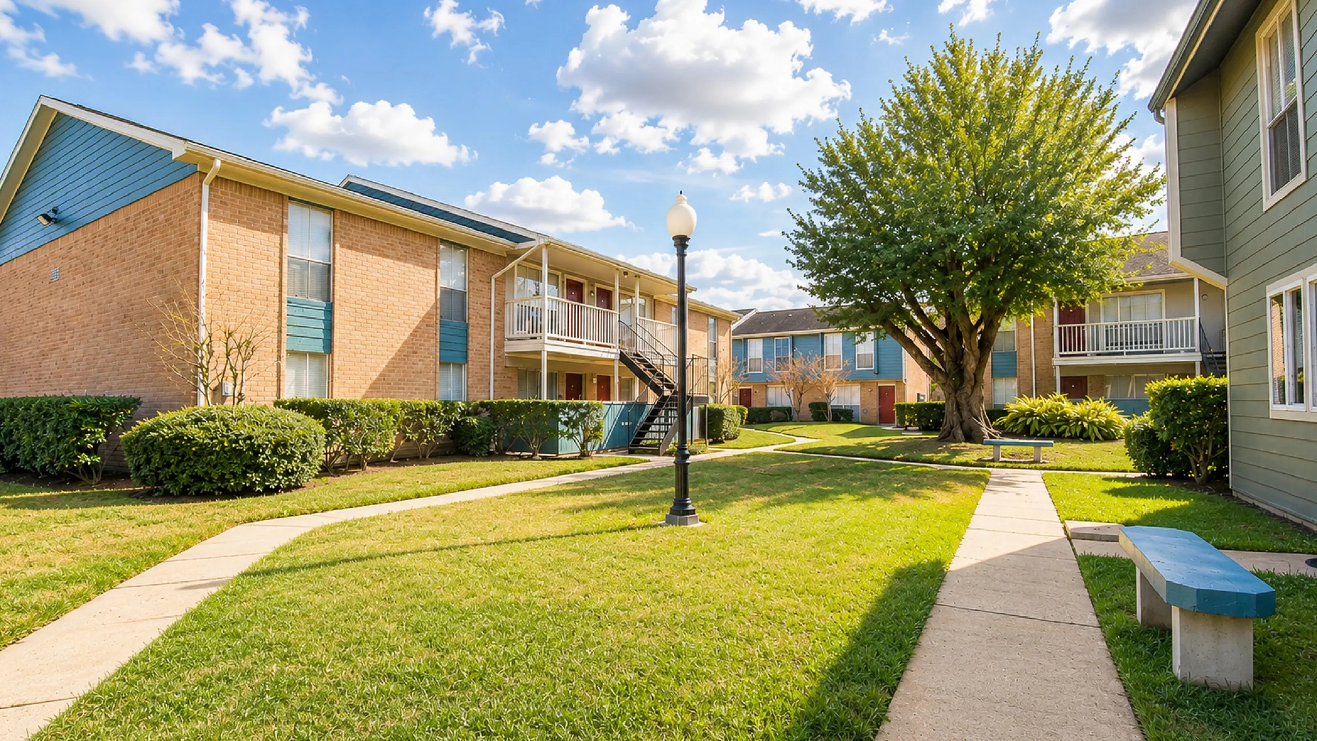 Landscaped courtyard and apartment homes at Huntington Oaks Apartments in Houston, TX