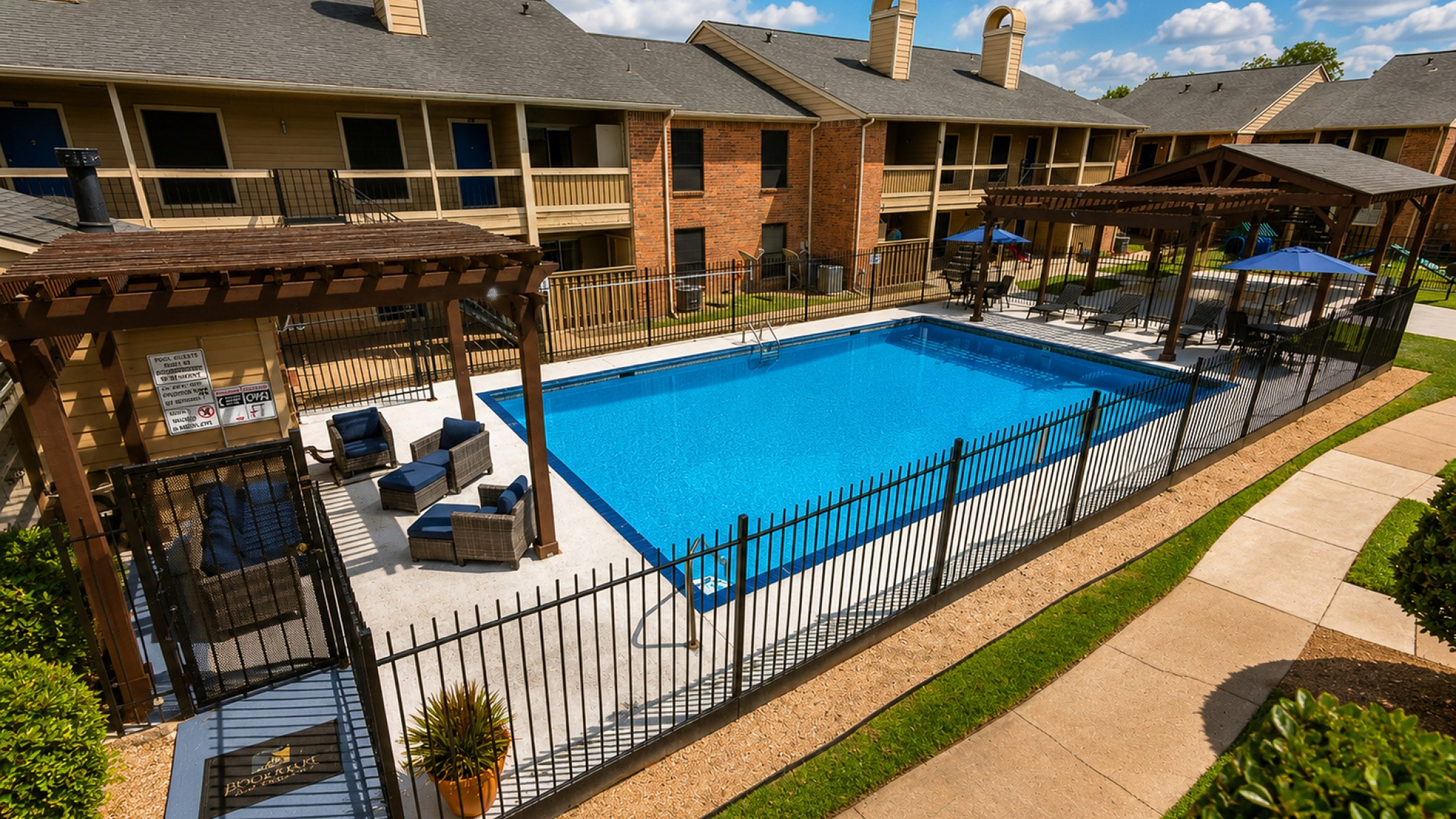 Inviting outdoor pool area with comfortable lounge chairs, chic seating under pergolas, and vibrant apartment backdrop on a sunny day.