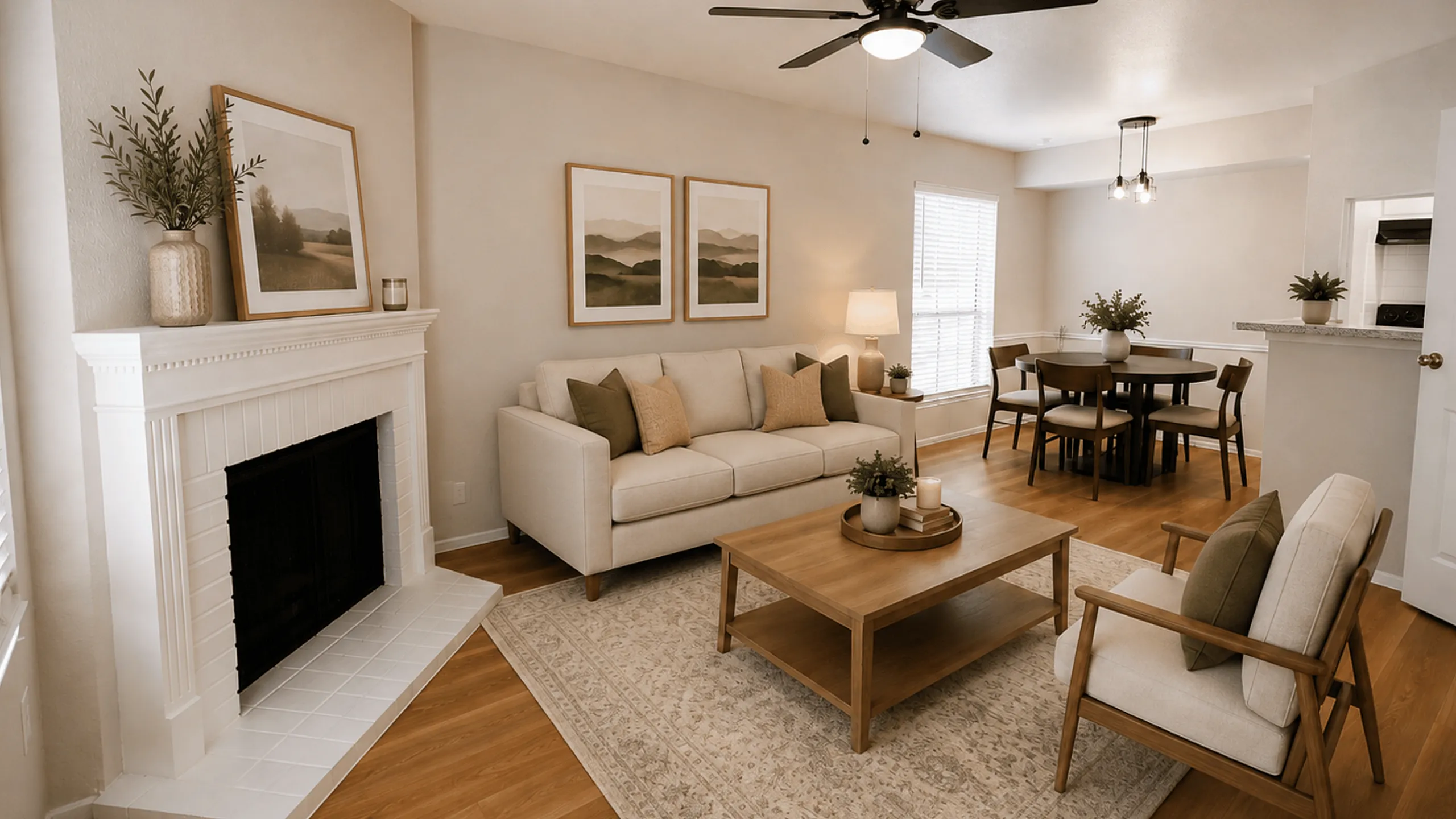 Deerbrook Gardens apartment living room in Humble, TX with fireplace, neutral seating, wood accents and adjoining dining area.