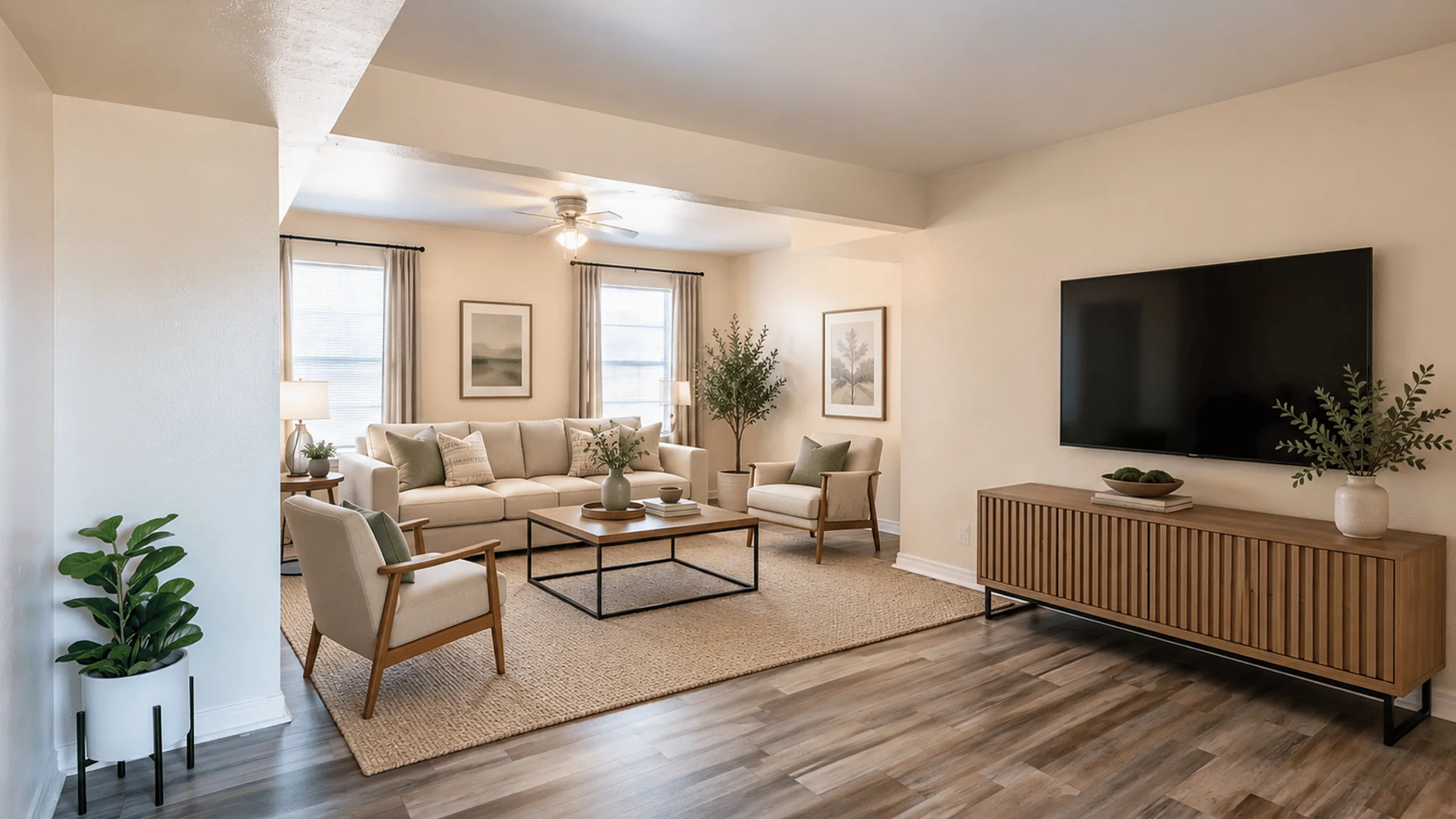 Virtually staged living room at Kingsville Pointe apartments in Kingsville, TX with neutral furnishings, wood-look flooring and natural light.