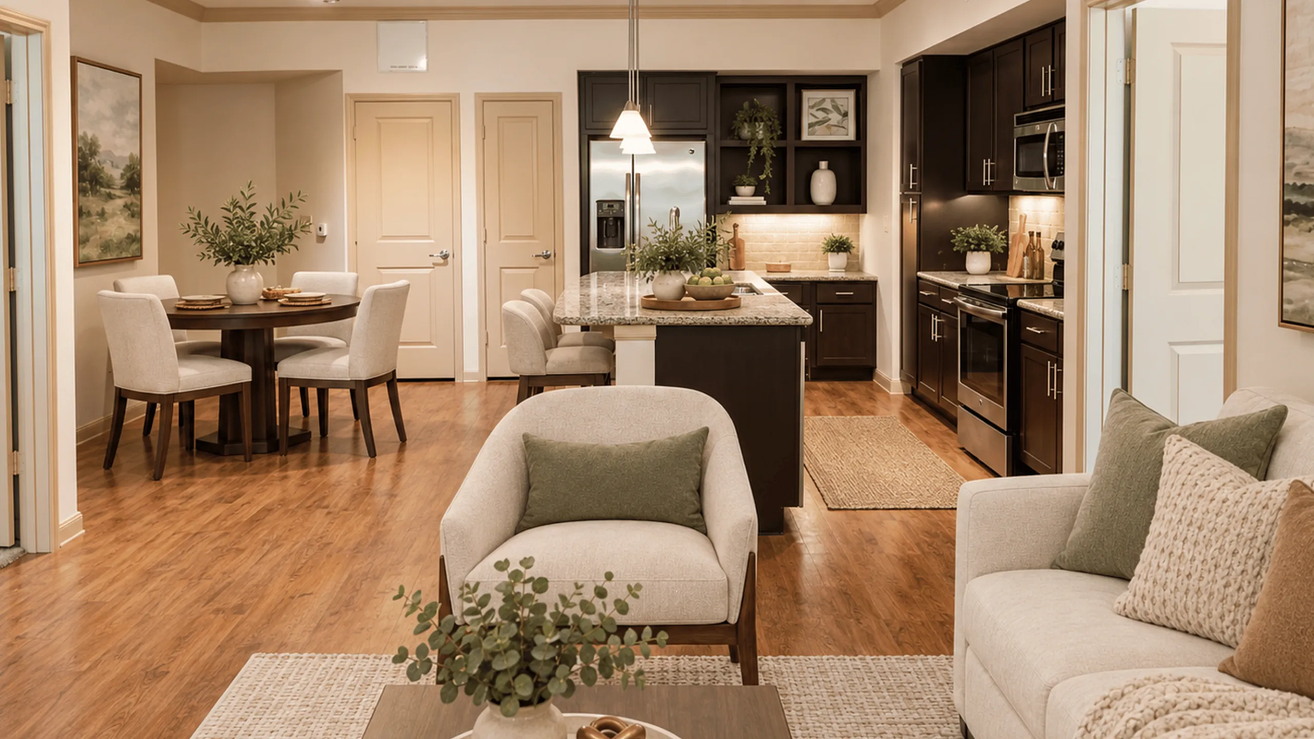 Virtually staged open-concept living room and kitchen at Valencia Place apartments in Houston, TX with neutral furnishings, granite countertops and stainless steel appliances.