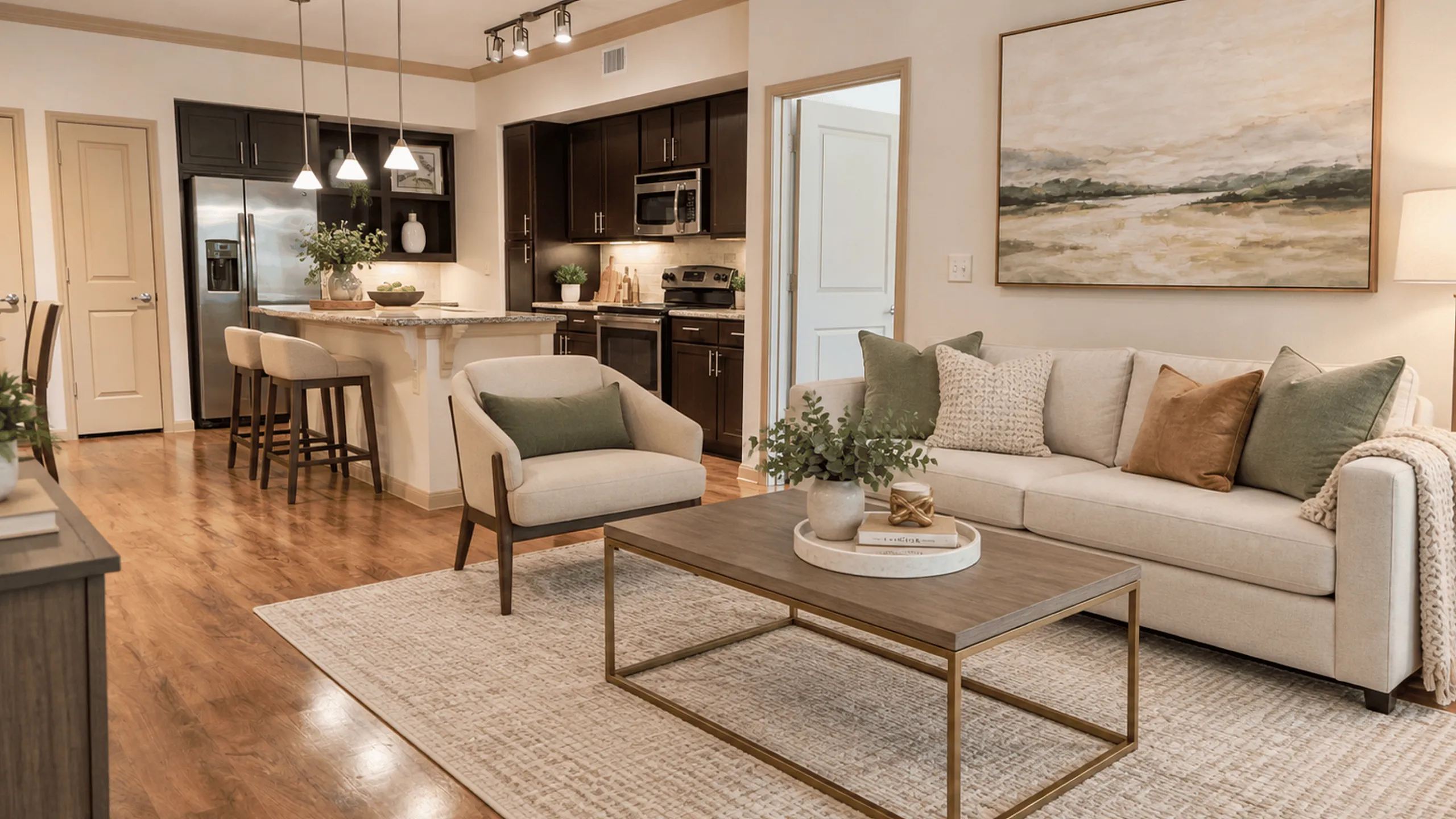 Virtually staged living room at Valencia Place apartments in Houston, TX with neutral furnishings, natural light and contemporary decor.