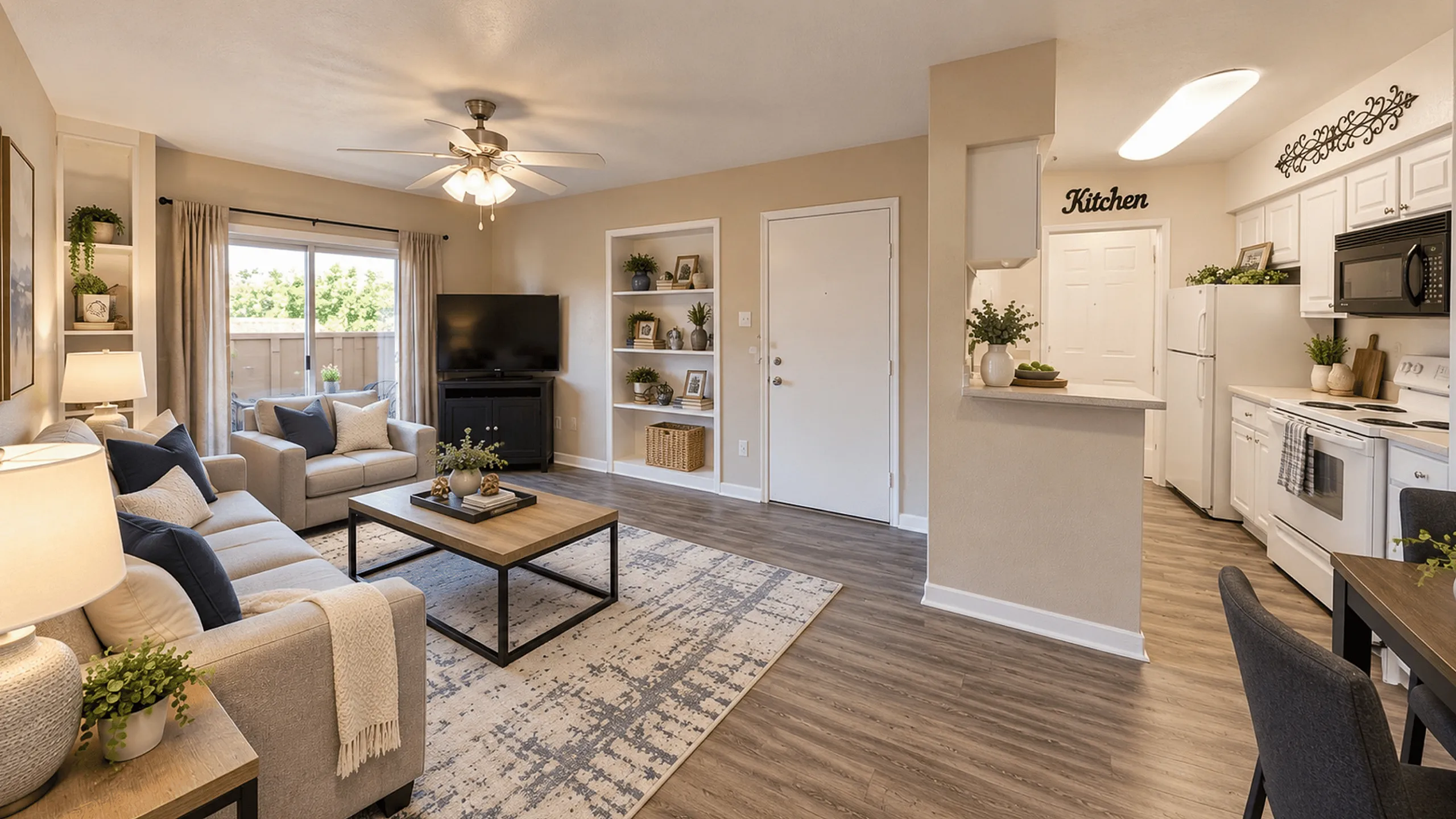 Open-concept apartment interior showing the living room, kitchen and entry at Parkside Apartments.