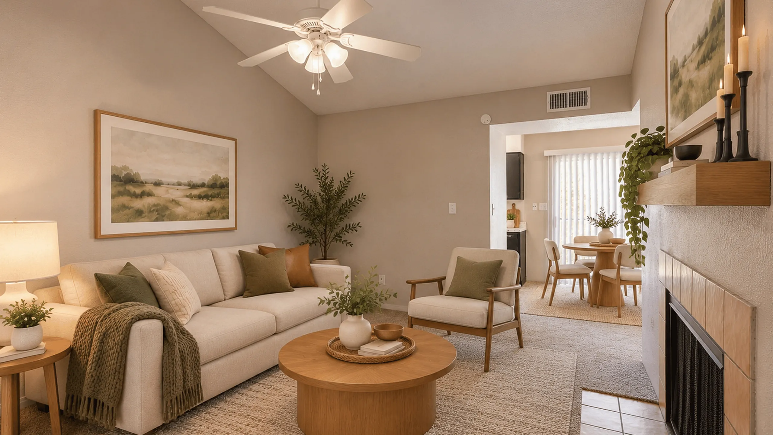 Virtually staged living room at Meadow Park with fireplace, vaulted ceiling and large window