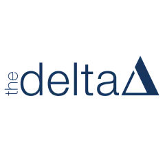 Minimalistic logo design featuring 'the delta' with a sleek triangular symbol in elegant navy blue.