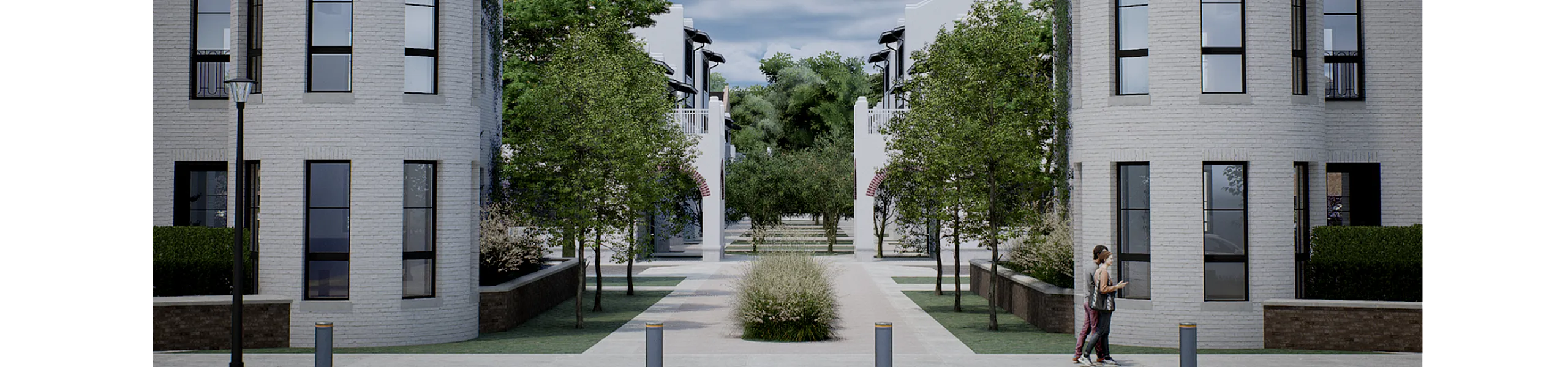 Charming residential street featuring modern round brick buildings with large windows, lush greenery, and a serene walking path.
